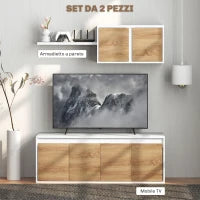 Set Mobile TV e Armadietto a Muro con 7 Ripiani e Scaffale Aperto, in Legno, 120x41x43.3 cm, Bianco e color Legno