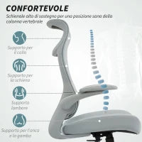 Sedia da Ufficio Ergonomica con Braccioli Regolabili, Schienale a Rete e Poggiatesta, Grigio