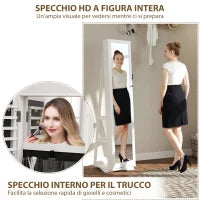Specchio Portagioie Girevole per Camera da Letto con 2 Chiavi, in Legno Bianco e Vetro, 38x38x160 cm