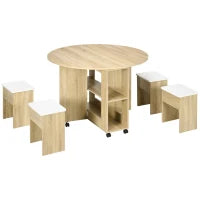 Set Tavolo e Sedie 5 Pezzi in Truciolato, Tavolo Rotondo con 2 Ripiani Aperti e 4 Sgabelli Moderni