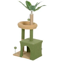 Albero Tiragraffi per Gatti con Casetta, Lettino e 2 Palline, in Legno e Poliestere, 44x30x98 cm, Verde e Marrone