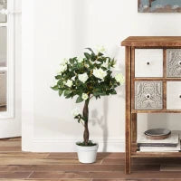 Pianta Finta di Rosa da 21 Fiori con Vaso Riempito in Cemento e Muschio, Pianta Artificiale in Plastica e Tessuto, Ø18x90 cm, Bianco e Verde