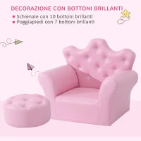 Set Poltrona per Bambini con Poggiapiedi e Bottoni Brillanti, Struttura in Legno con Imbottitura, Rivestimento PVC Rosa
