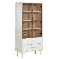 Vetrina Elegant in Vetro, con Gambe Dorate e Ripiani Regolabili, Illuminazione LED Multicolore, adatta per soggiorno, ufficio, 70x35x150 cm, Bianco