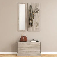 Set da Ingresso 3 Pezzi con Scarpiera, Appendiabiti e Specchio, in Legno e Vetro, color Legno e Bianco