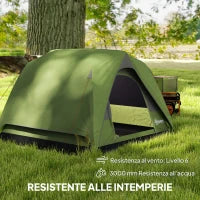 Tenda da Campeggio per 3 Persone Impermeabile con Tasca, Gancio per Lanterna e Borsa, 2x2x1.35m, Verde