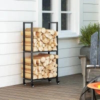 Portalegna da Esterno e Interno a Due Livelli con Ruote in Acciaio Rinforzato, 60x30x119 cm, Nero