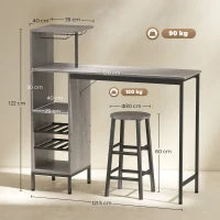 Set tavolo da pranzo alto con 2 sedie da bar, con ripiani e portabottiglie, Legno naturale