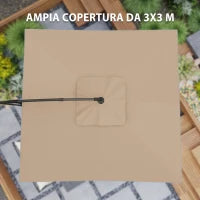 Ombrellone a Braccio 3x3 m con Copertura Regolabile e Base a Croce, in Metallo e Poliestere, color Cachi