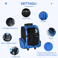 Trasportino Zaino 2 in 1 per Cani e Gatti con Tasche e Maniglia Telescopica, 42x25x55cm, Blu