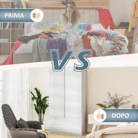 Armadio Guardaroba in Truciolato Bianco con Appendiabiti e 2 Cassetti Scorrevoli per Camere da Letto, 100x60x200 cm