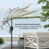 Ombrellone a Braccio a 8 Stecche con Base a Croce, in Alluminio, Metallo e Poliestere, Ø3x2.6 m, Crema