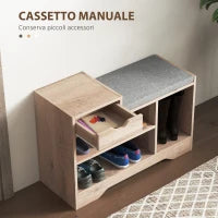 Panca Scarpiera Moderna con 3 Ripiani Aperti e Cassetti, in Legno, Poliestere e Spugna, 76.5x30x52 cm, Grigio