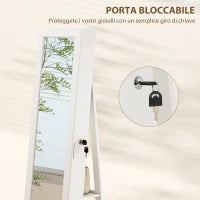 Specchio Portagioie 3 in 1 Girevole a 360°, Ripiani Posteriori e Anta con Chiave, 55x55x161 cm, Bianco