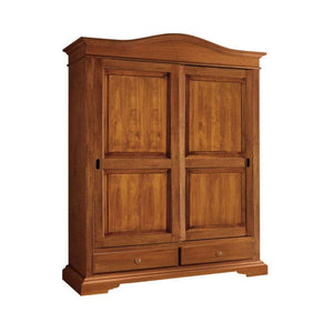 Armadio appendiabiti con bastone e 2 ante scorrevoli 2 cassetti arte povera, in legno massello e mdf con rifinitura noce 180x67x226 H