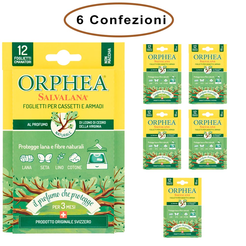 Orphea salvalana foglietti per cassetti e armadi profumo legno di cedro 6 confezioni da 12 foglietti
