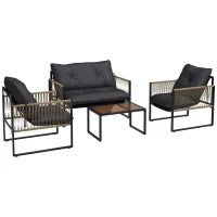 Set da Giardino 4 Pezzi in Rattan con Divanetto, 2 Sedie e Tavolino da Caffè, Grigio e Marrone