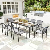Set da Giardino con Tavolo da Pranzo Rettangolare e 8 Sedie Impilabili con Braccioli, Grigio