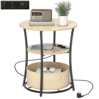 Tavolino da salotto rotondo con 3 ripiani, ricarica integrata e sacca, Ø50 x 55,1 cm, Legno naturale