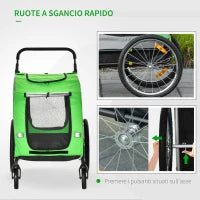 Rimorchio Bici e Passeggino per Cani 2 in 1 in Acciaio e Tessuto Oxford con Catarifrangenti, Verde