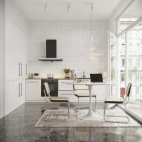 Moderno tavolo da pranzo rotondo, quattro piani in patchwork, base in metallo, 120×120×75 cm, Bianco