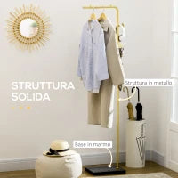 Appendiabiti con 2 Ganci per Ingresso, Camera da Letto e Soggiorno in Metallo e Marmo, 35x25x170 cm, Oro e Nero
