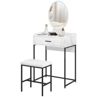 Set Tavolino Toeletta con Specchio da Trucco, Cassetto e Sgabello Imbottito, Bianco