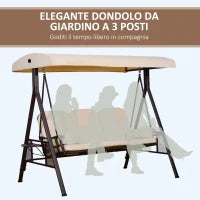 Dondolo 3 Posti con Tetto Regolabile, Portabicchieri e Cuscini, in Metallo e Poliestere, 208x121x172 cm, Beige