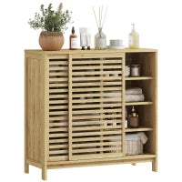 Armadio da Bagno in Bambù con 2 Porte Scorrevoli, Design a Listelli, 4 Ripiani, Mobiletto Portaoggetti, 80x34x80 cm, Naturale