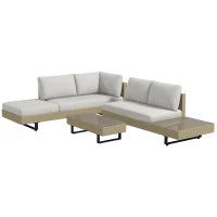 Salotto da Giardino ad Angolo da 5 Posti, Design Contemporaneo, Cuscini Sfoderabili, Tavolino, Acciaio Verniciato a Polvere, Resina Intrecciata, Beige