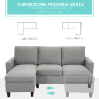 Divano Angolare Moderno e Componibile, Divano 3 Posti con Penisola Reversibile in Tessuto Grigio Chiaro, 197x139x 91cm