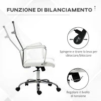 Sedia da Ufficio Ergonomica in Finta Pelle, Seduta Girevole e Dondolo, 54x62x104-114 cm, Bianco
