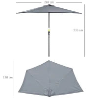 Ombrellone Semicircolare da Parete con Manovella, in Poliestere e Metallo, 2.7x2.4 m, Grigio