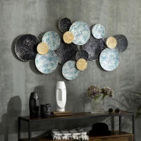 Decorazione Murale in Metallo 3D, Wall Art a Cerchi 133x66cm, Blu, Nero e Oro