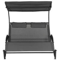 Lettino Prendisole Reclinabile a 2 Posti con Ruote, Poggiatesta Imbottito e Tetto, 200x137x138 cm, Grigio