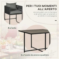 Set da Giardino 5 Pezzi in Rattan PE e Acciaio, 4 Sedie da Esterno con Cuscini e Tavolo Rettangolare