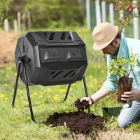 Compostiera da Giardino Girevole a 2 Sezioni con 8 Prese d'Aria, Compostiera Domestica in Acciaio e PP, 160 L, per Compostaggio Rifiuti Organici, 71x65x96 cm, Nero