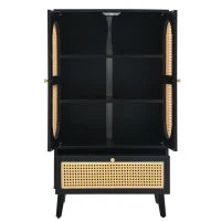 Credenza Moderna e Compatte in Rattan, con 2 Ante e 1 Cassetto, per Soggiorno e Sala da Pranzo, 60×40×110.5 cm, Nero