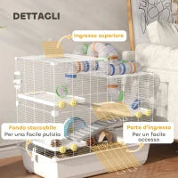 Gabbia per Criceti a 4 Livelli con Tubi, Ruota, 3 Porte e Vassoio, in Metallo, PP e PS, 78x45x73 cm, Bianco