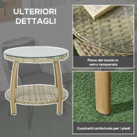 Salotto da Giardino in Rattan con 2 Poltroncine con Cuscini e Tavolino in Vetro, Marrone e Grigio