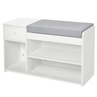 Panca Scarpiera con Cuscino, Cassetto e 3 Vani Aperti in Legno, 81x31.5x49cm, Bianco