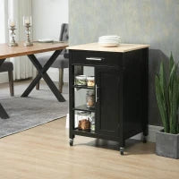 Carrello Da Cucina A Ruote - Stile Contemporaneo, Porta, Cassetto, 3 Ripiani - Maniglie In Metallo - Piano In Legno Di Gomma Nero