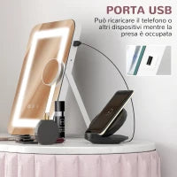 Specchio Trucco con Luci Regolabili a 3 Colori, Presa USB e Specchietto Ingranditore 10x, 31x41.5x3cm, Bianco