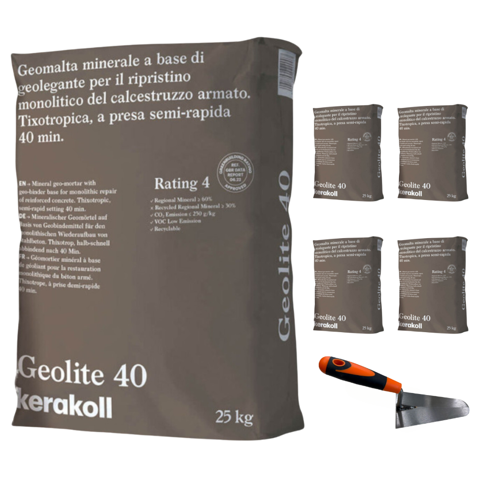 Geomalta minerale tixotropica 5 sacchi da 25 kg cazzuola punta tonda 16 cm