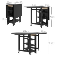 Tavolo da cucina o sala da pranzo pieghevole e rimovibile, 3 mensole, 2 abbattibili, design moderno, 120 x 60 x 75 cm, nero