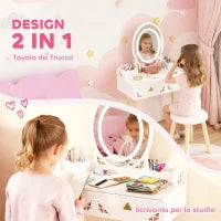 Set Toeletta per Bambini da 3 Anni con Specchio Illuminato e Sgabello, 2 Cassetti e 2 Scatole, Bianco