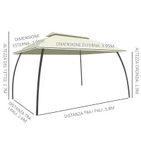 Gazebo da Giardino 4x3m con Doppio Tettuccio, Pareti in Poliestere e Struttura in Acciaio, Beige