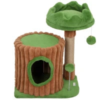Albero tiragraffi per gatti, design a tronco con casetta, cuccia, palo in iuta e palline, 53 cm, marrone e verde