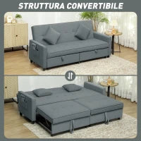Divano Letto 3 Posti Clic Clac con Schienale Reclinabile e 2 Cuscini, 196x90x89 cm, Grigio