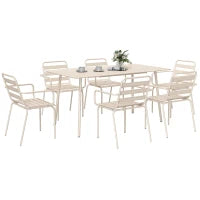 Set da Pranzo da Giardino da 7 Pezzi con 1 Tavolo e 6 Sedie Impilabili, in Acciaio, Beige